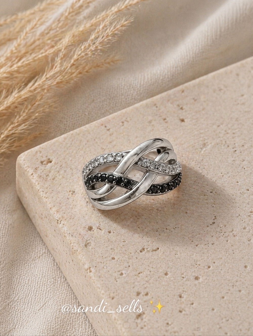 Sterling Silver Black & White Pavé Interlace Ring - Picture 2 of 2